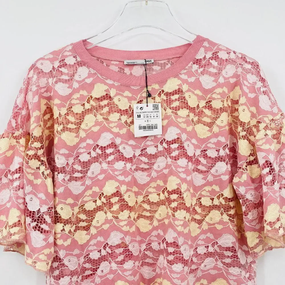 NEW Zara Size Medium Pink Lemonade Floral Lace Boxy Cropped Top